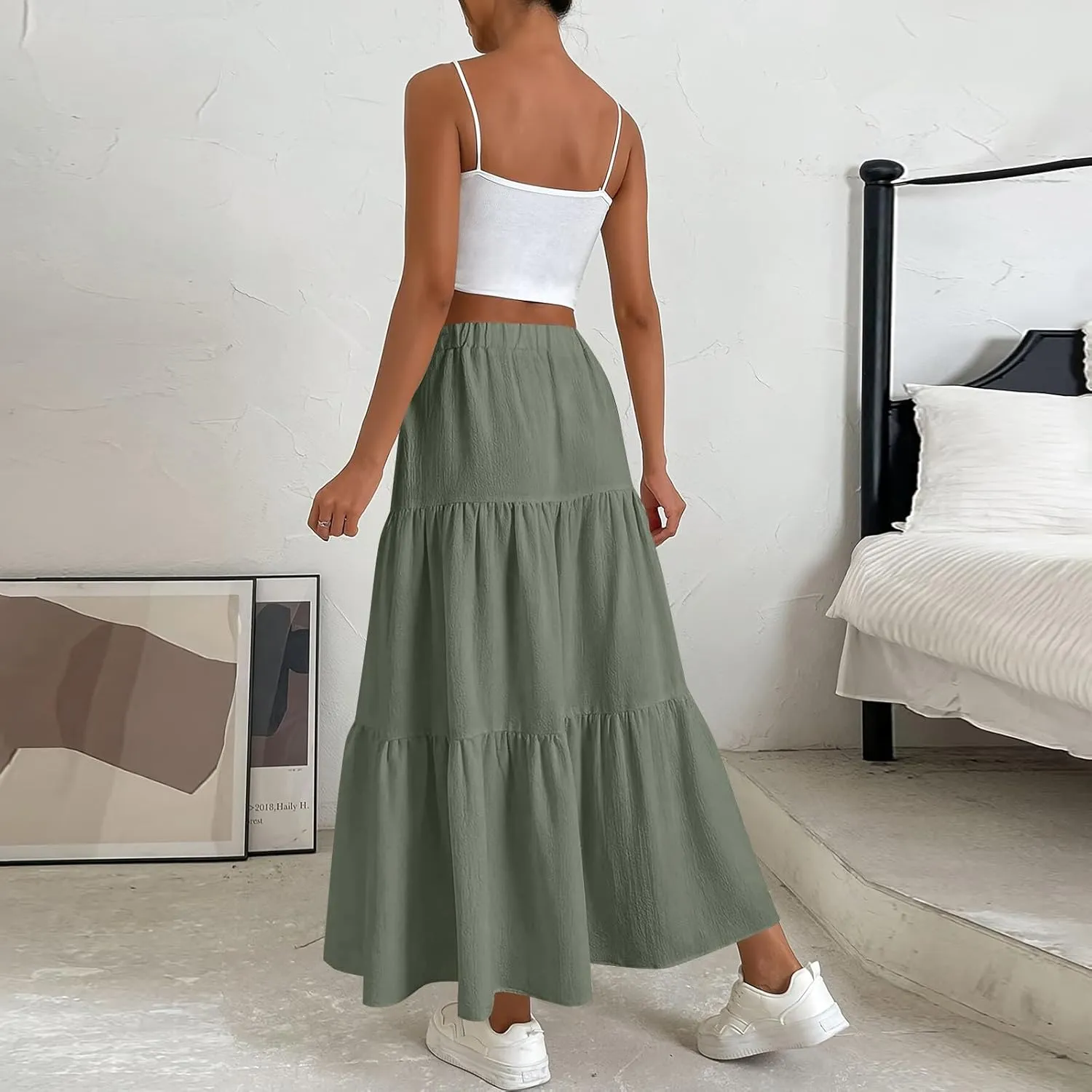 Linen Maxi Skirts for Women 2025 Summer Bow Elastic Waist A Line Tiered Boho Skirt Vacation Beach Long Pleated Skirt