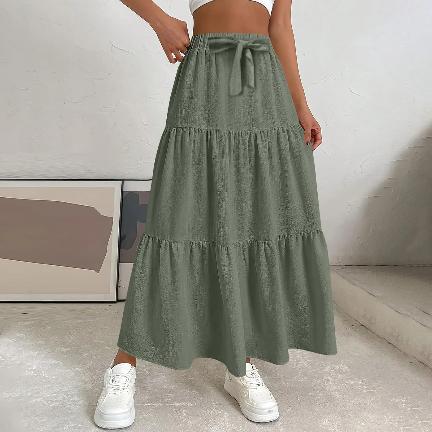 Linen Maxi Skirts for Women 2025 Summer Bow Elastic Waist A Line Tiered Boho Skirt Vacation Beach Long Pleated Skirt