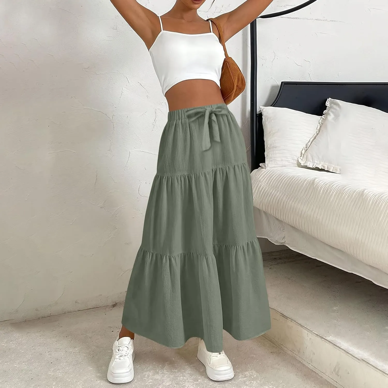 Linen Maxi Skirts for Women 2025 Summer Bow Elastic Waist A Line Tiered Boho Skirt Vacation Beach Long Pleated Skirt