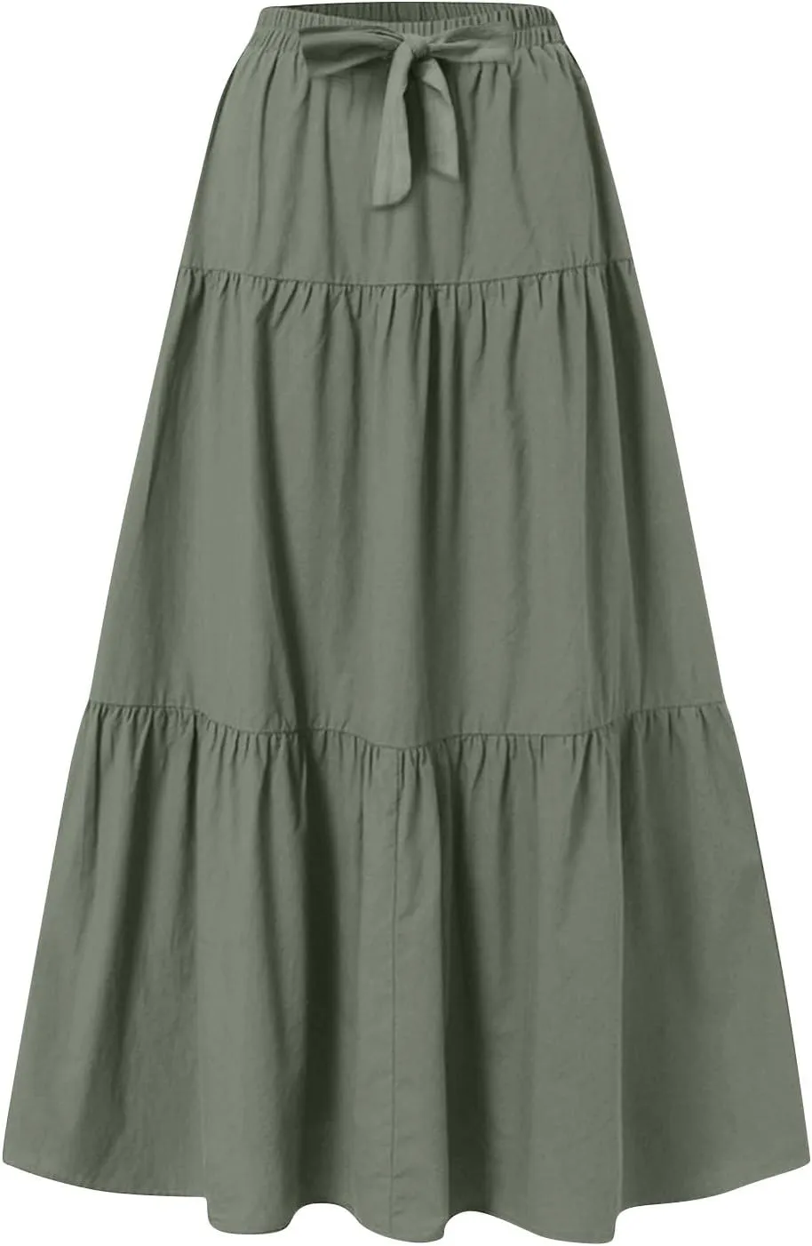 Linen Maxi Skirts for Women 2025 Summer Bow Elastic Waist A Line Tiered Boho Skirt Vacation Beach Long Pleated Skirt