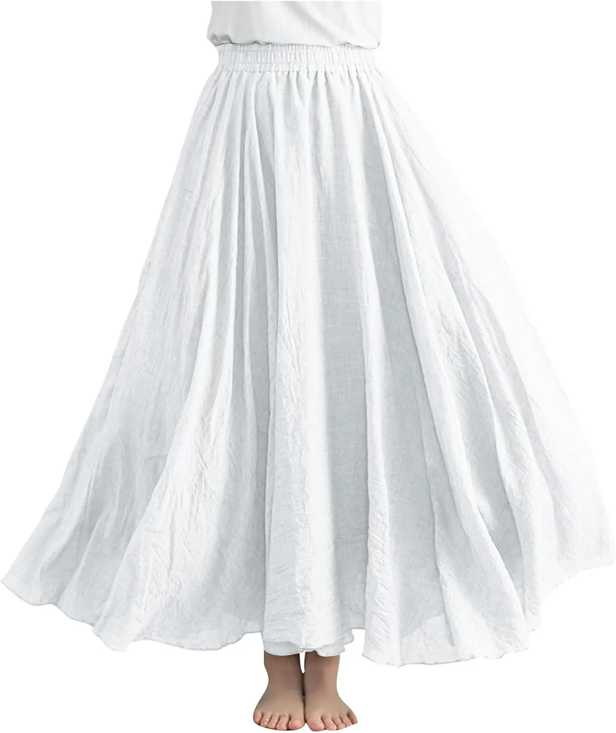 Linen Maxi Skirts for Women Flowy Swing A-Line Skirt Ankle Length Elastic High Waist Summer Beach Vacation Clothes