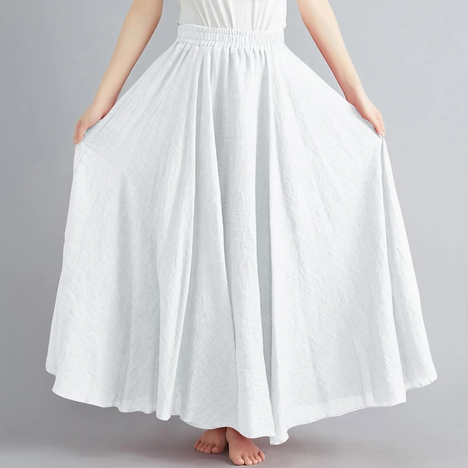 Linen Maxi Skirts for Women Flowy Swing A-Line Skirt Ankle Length Elastic High Waist Summer Beach Vacation Clothes
