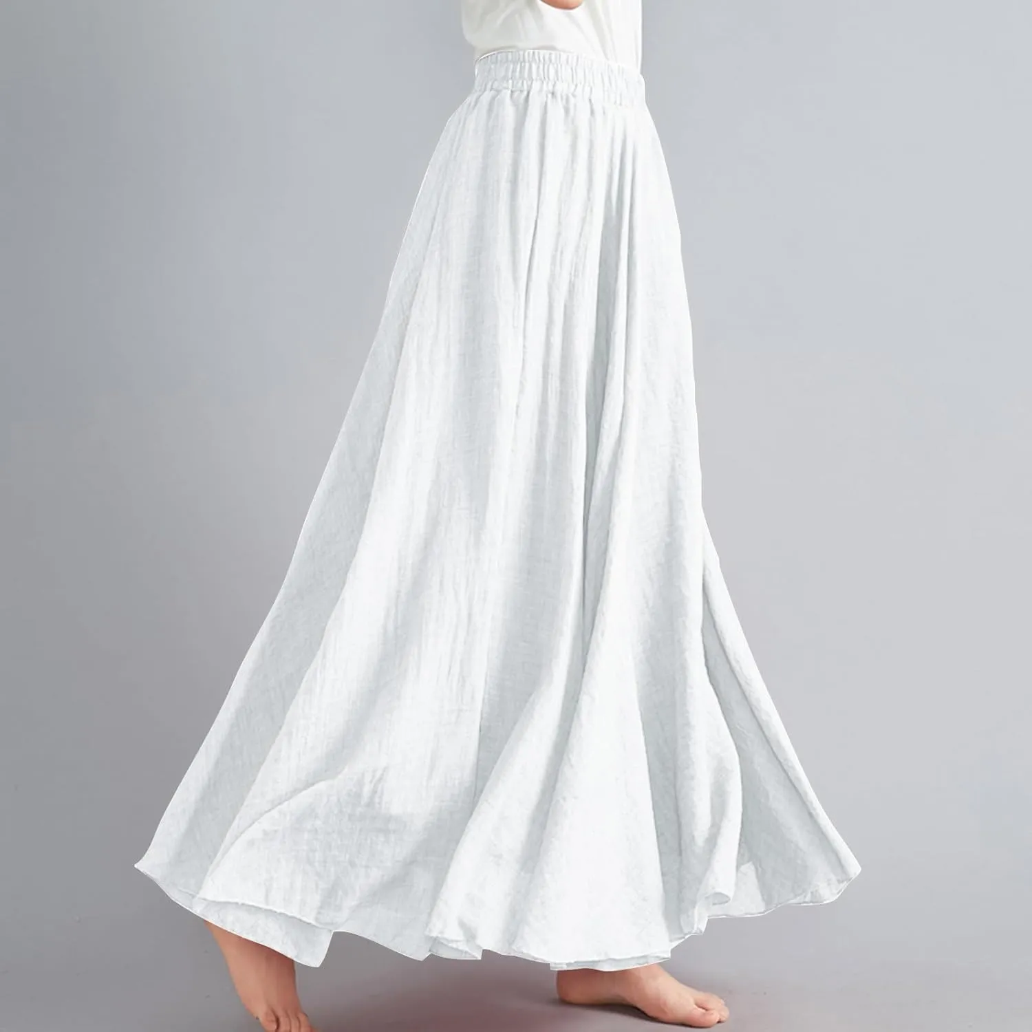 Linen Maxi Skirts for Women Flowy Swing A-Line Skirt Ankle Length Elastic High Waist Summer Beach Vacation Clothes