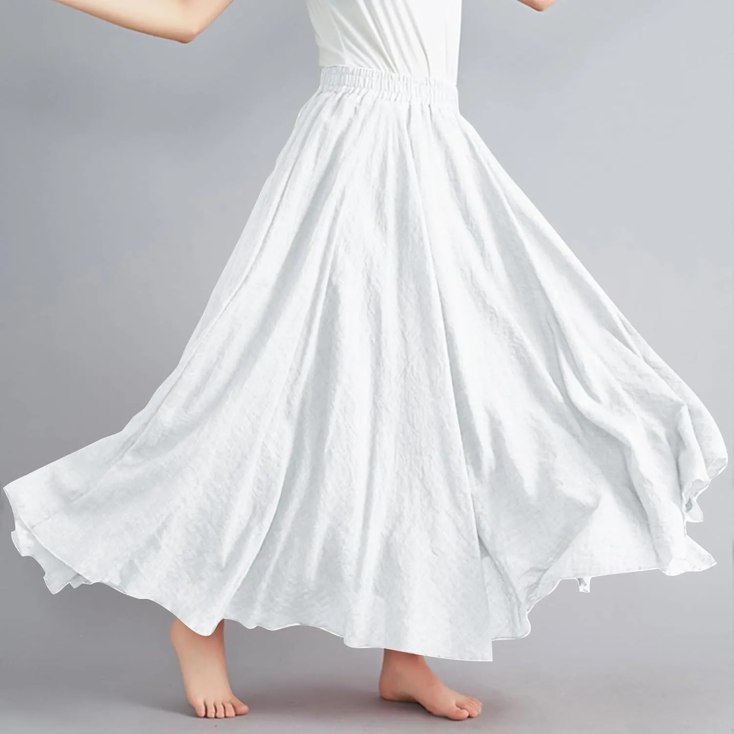 Linen Maxi Skirts for Women Flowy Swing A-Line Skirt Ankle Length Elastic High Waist Summer Beach Vacation Clothes