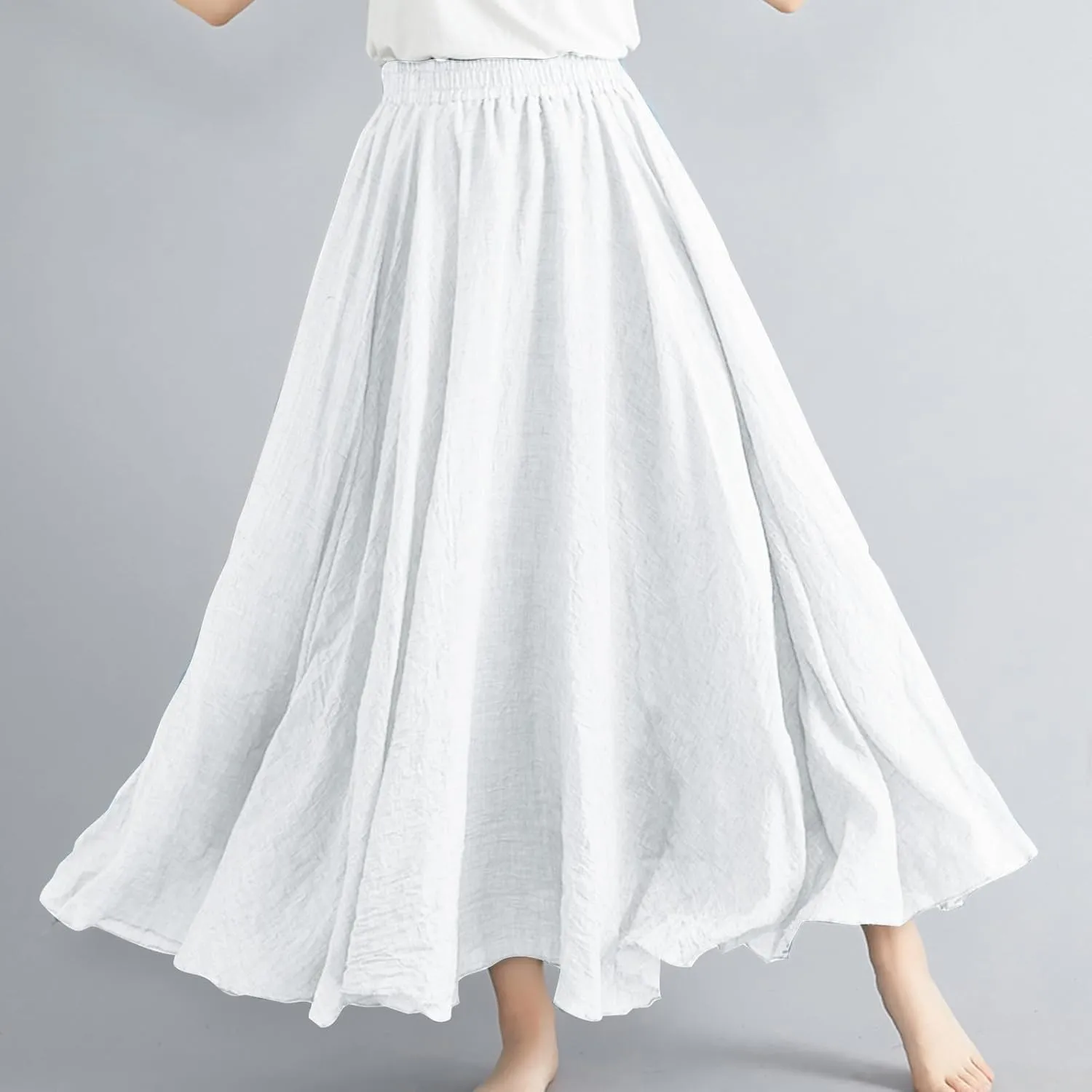 Linen Maxi Skirts for Women Flowy Swing A-Line Skirt Ankle Length Elastic High Waist Summer Beach Vacation Clothes
