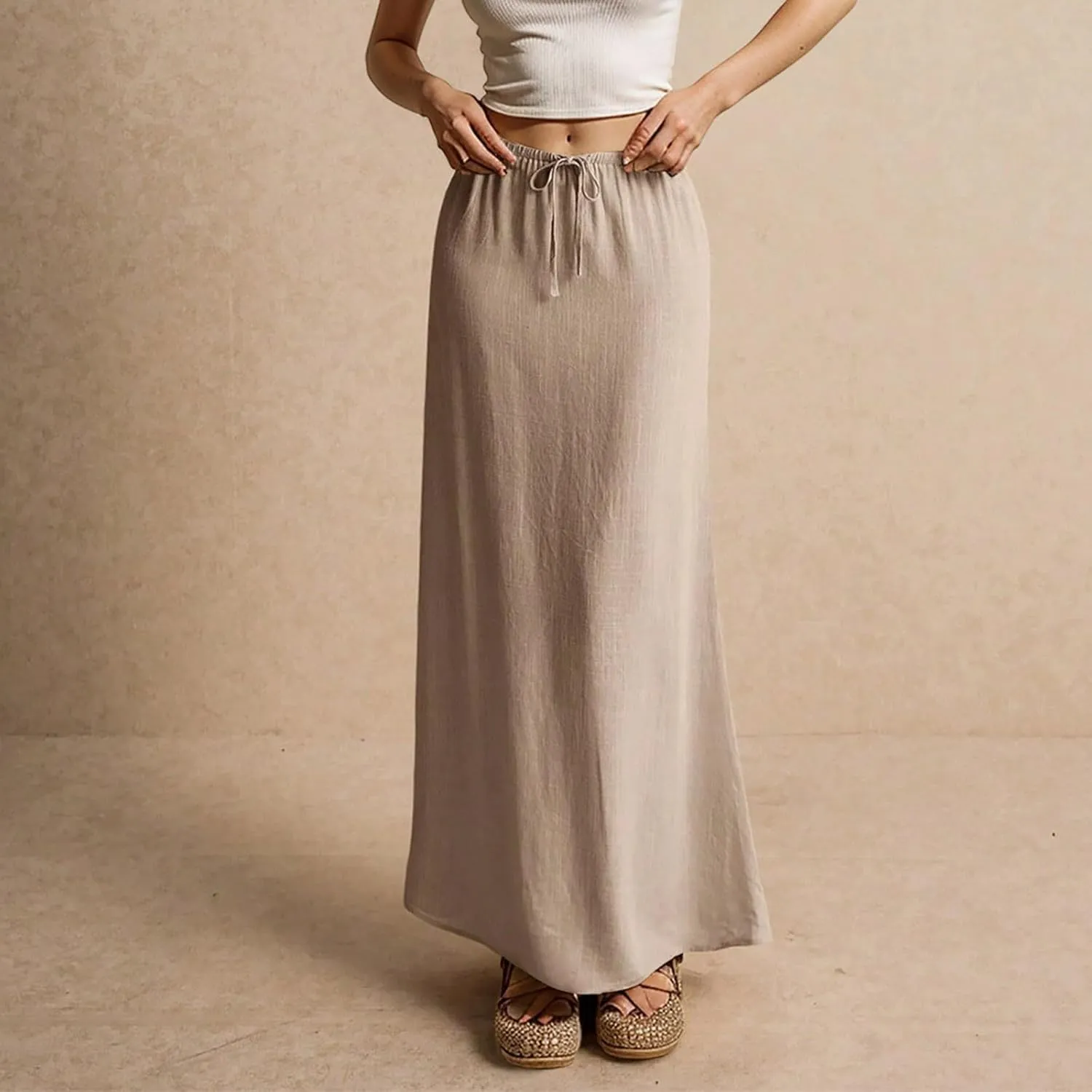 Linen Maxi Skirts for Women Summer 2025 Vacation A Line Skirt Long Cover Ups Comfy Drawstring Low Waist Boho Skirt