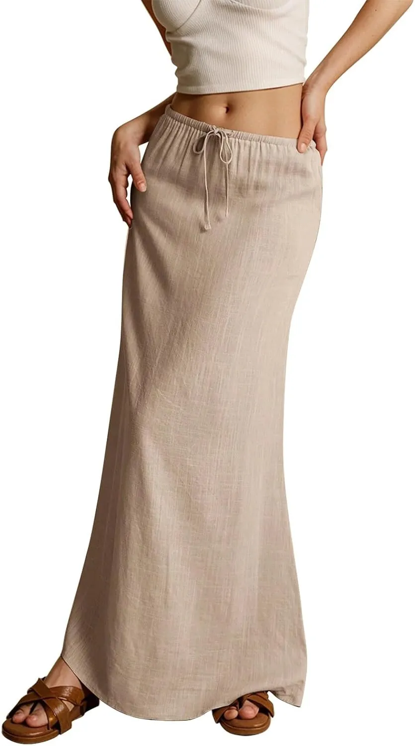 Linen Maxi Skirts for Women Summer 2025 Vacation A Line Skirt Long Cover Ups Comfy Drawstring Low Waist Boho Skirt