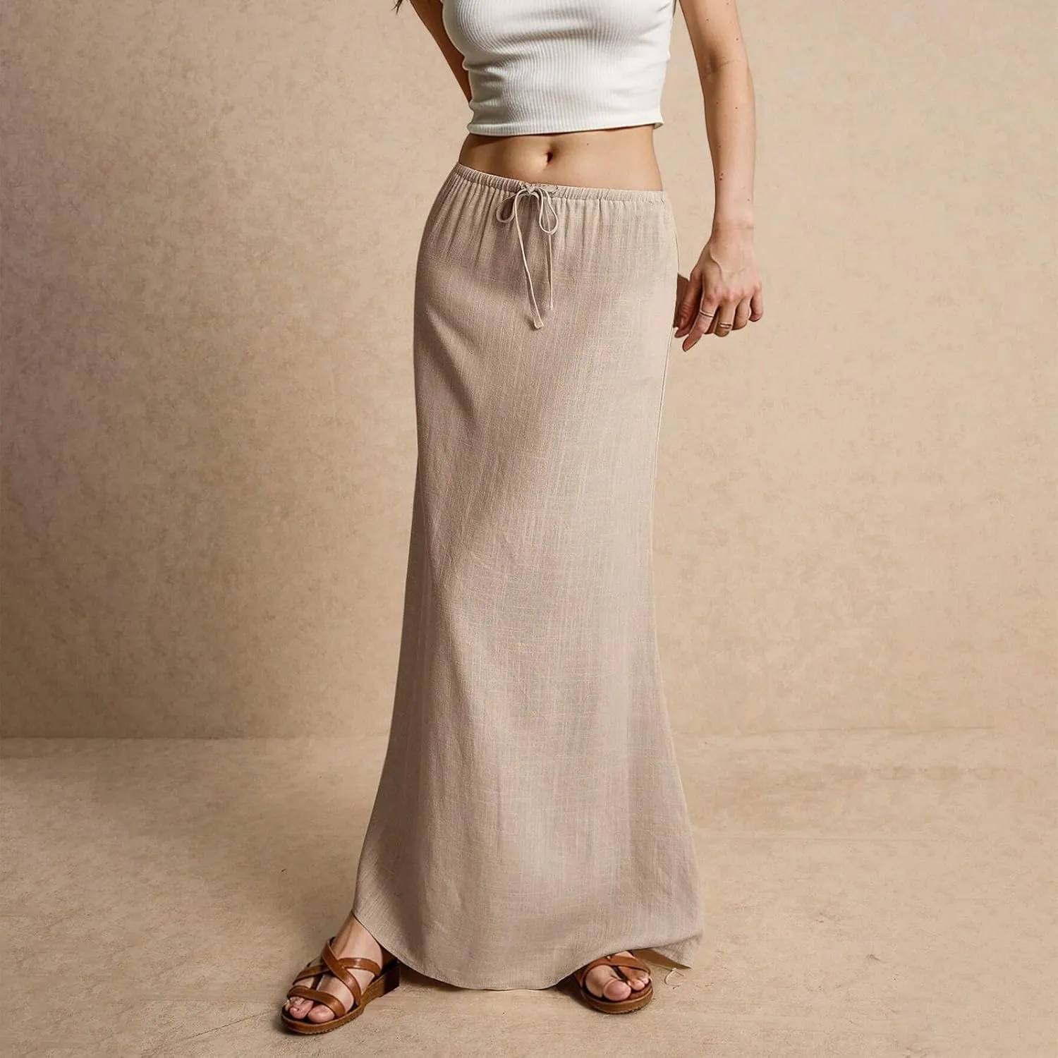 Linen Maxi Skirts for Women Summer 2025 Vacation A Line Skirt Long Cover Ups Comfy Drawstring Low Waist Boho Skirt