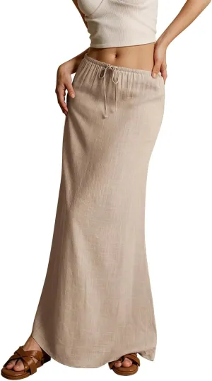 Linen Maxi Skirts for Women Summer 2025 Vacation A Line Skirt Long Cover Ups Comfy Drawstring Low Waist Boho Skirt
