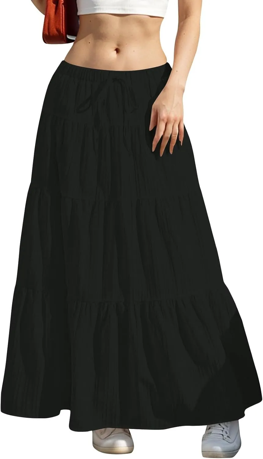 Linen Maxi Skirts for Women Summer Elastic High Waisted A-Line Long Skirt Flowy Tiered Ruffle Casual Boho Midi Skirts