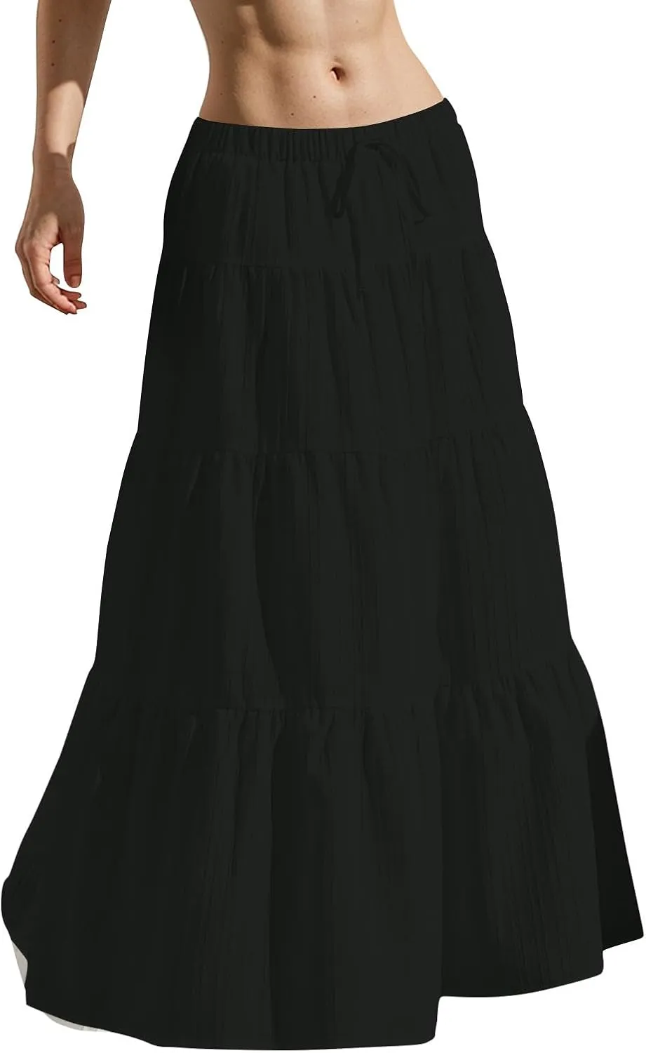 Linen Maxi Skirts for Women Summer Elastic High Waisted A-Line Long Skirt Flowy Tiered Ruffle Casual Boho Midi Skirts