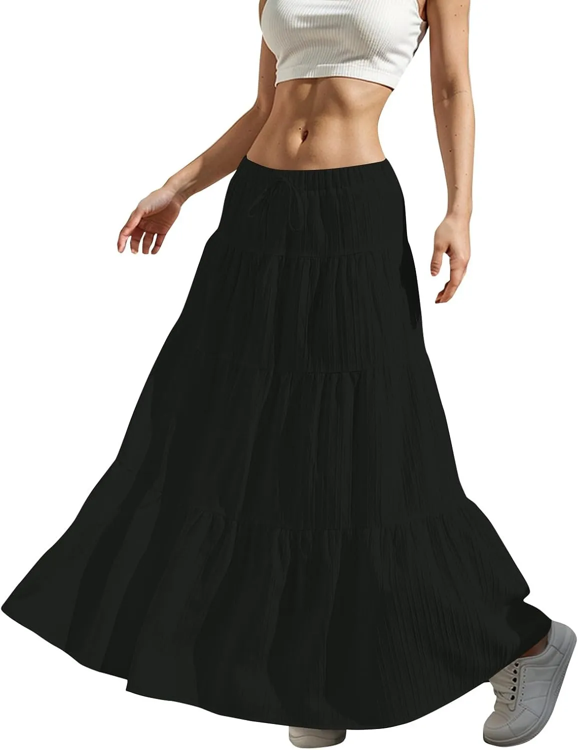 Linen Maxi Skirts for Women Summer Elastic High Waisted A-Line Long Skirt Flowy Tiered Ruffle Casual Boho Midi Skirts