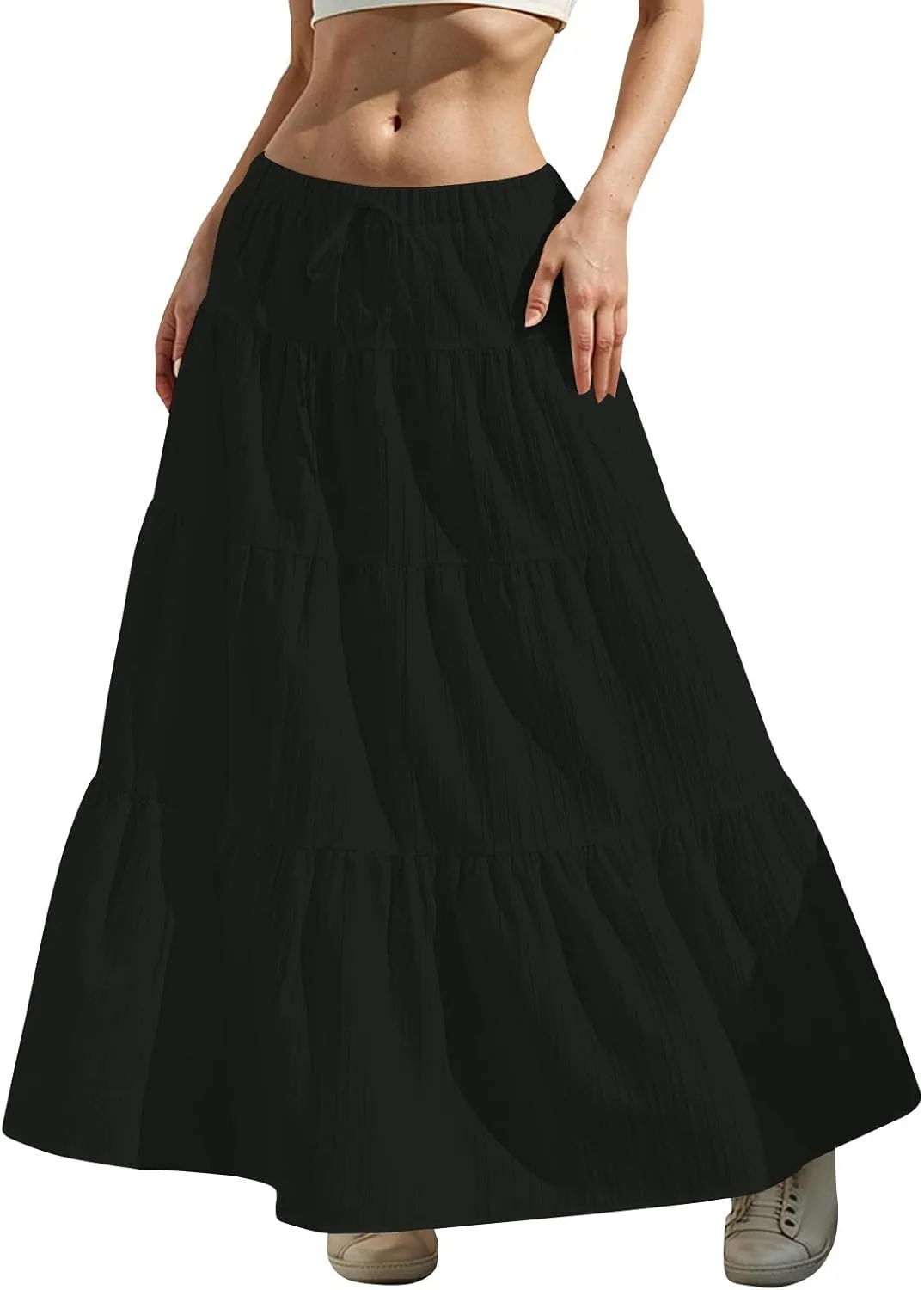 Linen Maxi Skirts for Women Summer Elastic High Waisted A-Line Long Skirt Flowy Tiered Ruffle Casual Boho Midi Skirts