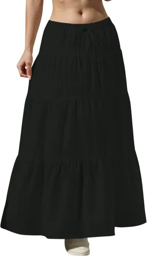 Linen Maxi Skirts for Women Summer Elastic High Waisted A-Line Long Skirt Flowy Tiered Ruffle Casual Boho Midi Skirts