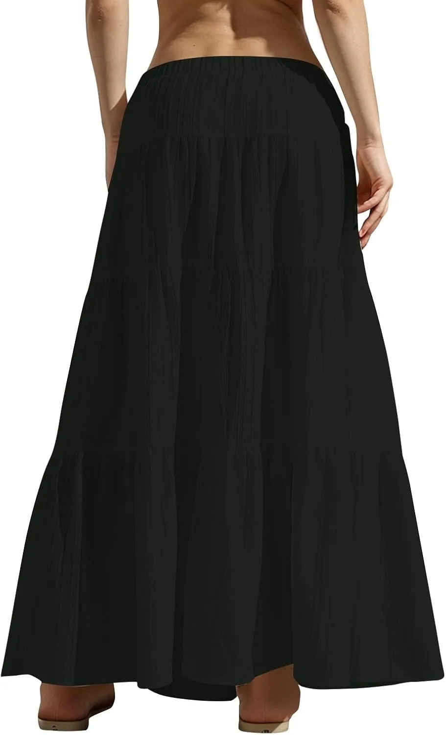 Linen Maxi Skirts for Women Summer Elastic High Waisted A-Line Long Skirt Flowy Tiered Ruffle Casual Boho Midi Skirts