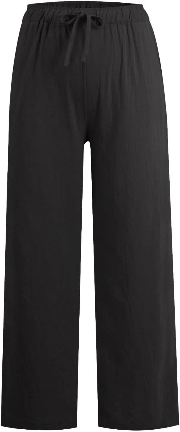 Linen Pants Women Summer Causal Drawstring High Waisted Work Pants Relaxed Fit Wide Leg Trouser Pants with Pockets