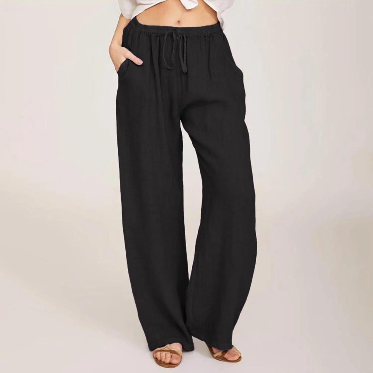 Linen Pants Women Summer Causal Drawstring High Waisted Work Pants Relaxed Fit Wide Leg Trouser Pants with Pockets