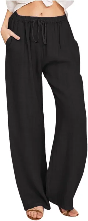 Linen Pants Women Summer Causal Drawstring High Waisted Work Pants Relaxed Fit Wide Leg Trouser Pants with Pockets