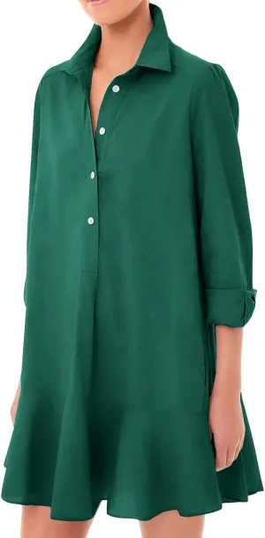 Linen Shirt Dresses for Women Button Down Long Sleeve Short Mini Dress Classic Collar Ruffle Flowy Hem Sundress