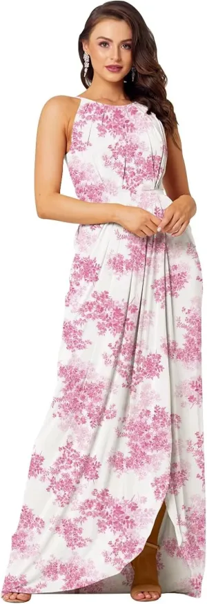 Long Chiffon Bridesmaid Dresses for Women Halter Pleated Corset Wedding Guest Dress Sleeveless Formal Gown