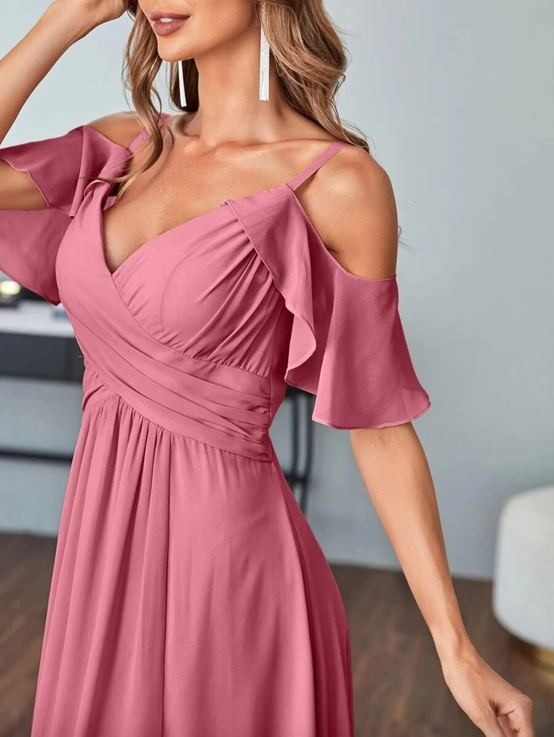 Long Chiffon Cold Shoulder Bridesmaid Dresses for Women 2024 Wedding Guest Dress Prom Formal Evening Ball Gown RYZ95