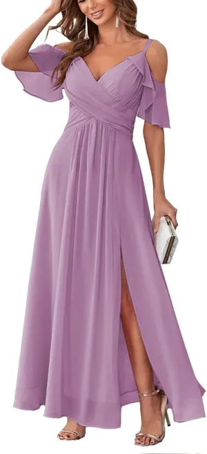 Long Chiffon Cold Shoulder Bridesmaid Dresses for Women 2024 Wedding Guest Dress Prom Formal Evening Ball Gown RYZ95