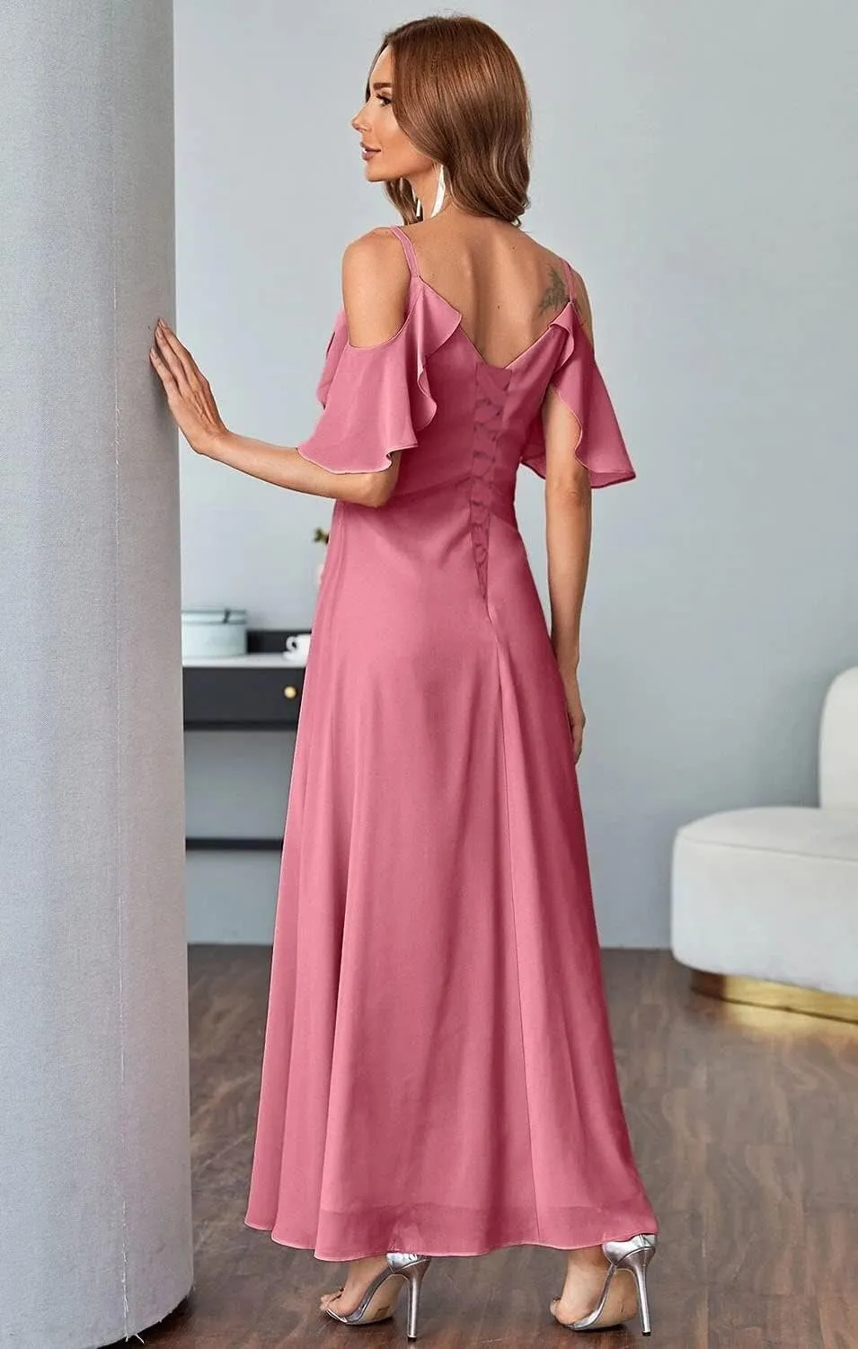 Long Chiffon Cold Shoulder Bridesmaid Dresses for Women 2024 Wedding Guest Dress Prom Formal Evening Ball Gown RYZ95