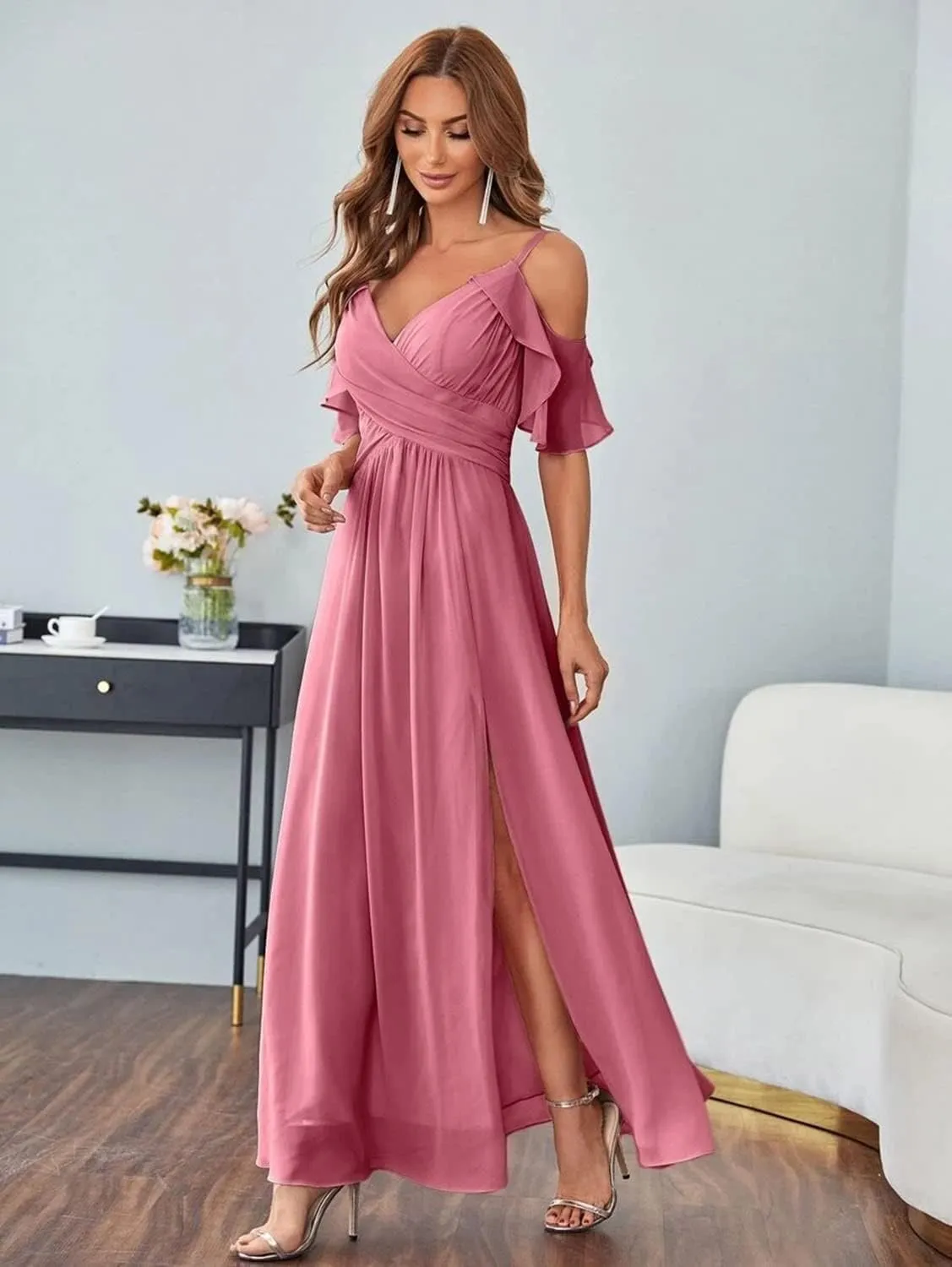 Long Chiffon Cold Shoulder Bridesmaid Dresses for Women 2024 Wedding Guest Dress Prom Formal Evening Ball Gown RYZ95