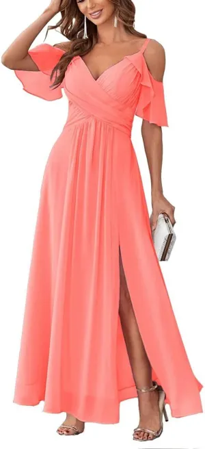 Long Chiffon Cold Shoulder Bridesmaid Dresses for Women 2024 Wedding Guest Dress Prom Formal Evening Ball Gown RYZ95