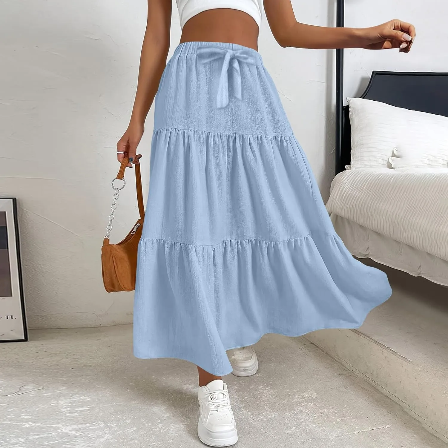 Long Skirts for Women Trendy High Waisted Tiered A Line Linen Skirt Casual Flowy Pleated Beach Maxi Skirts with Tie