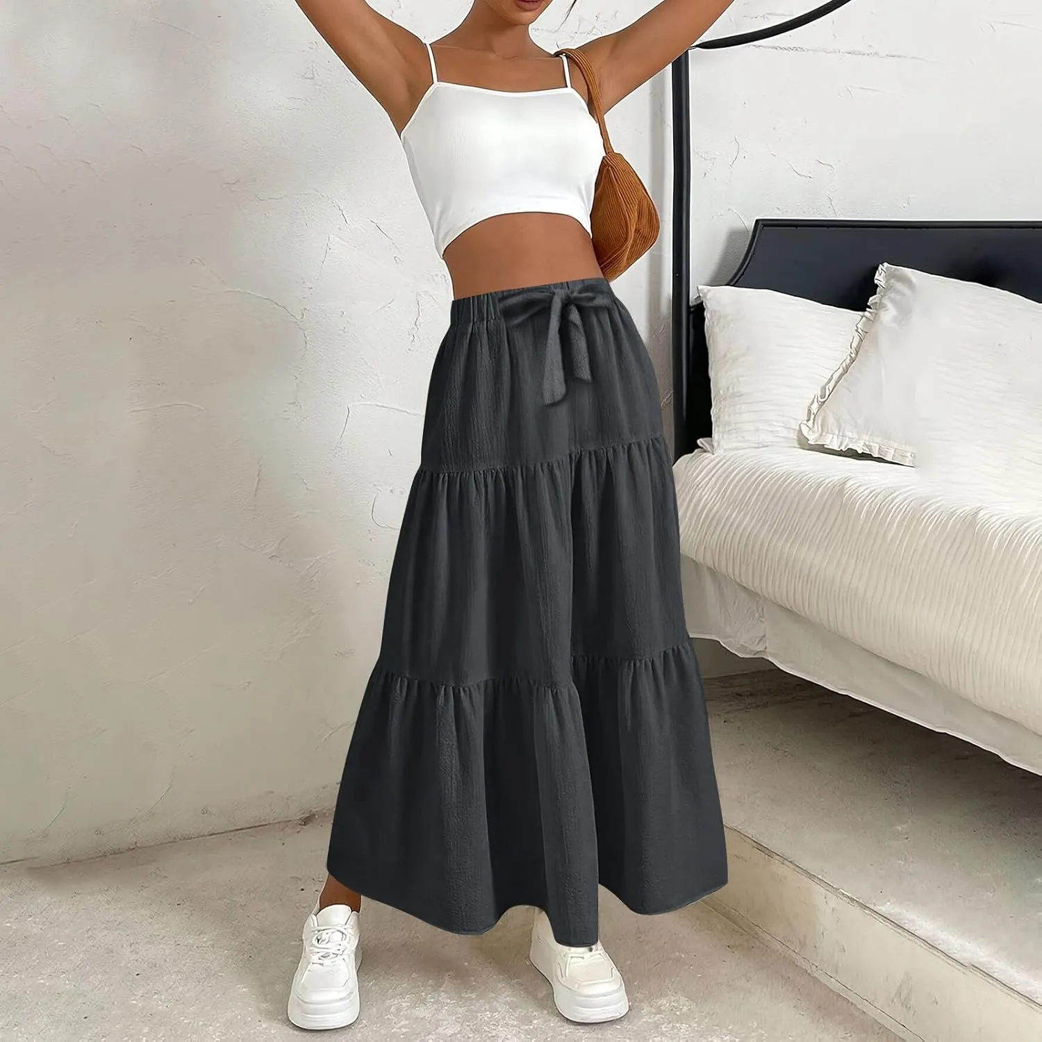 Long Skirts for Women Trendy High Waisted Tiered A Line Linen Skirt Casual Flowy Pleated Beach Maxi Skirts with Tie