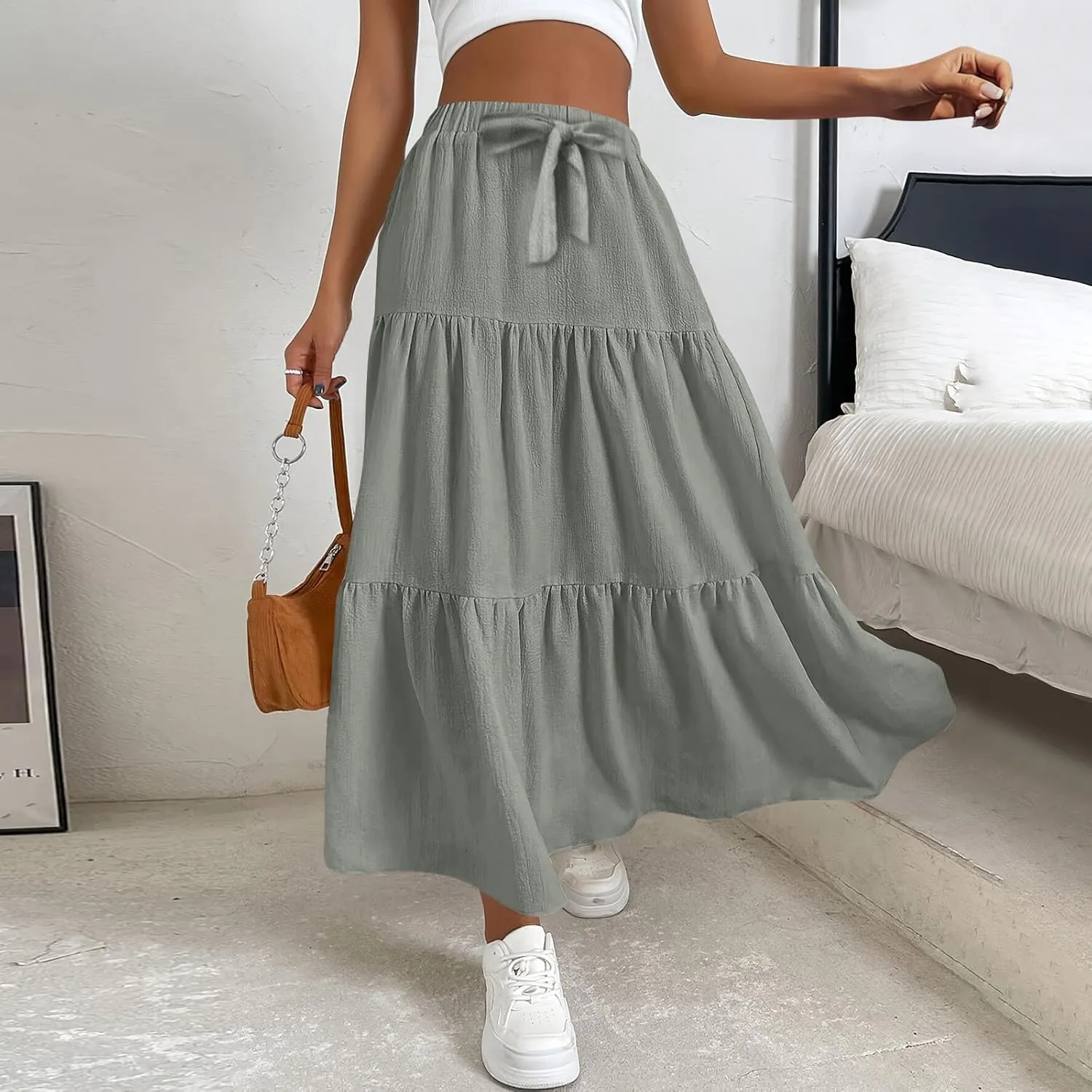 Long Skirts for Women Trendy High Waisted Tiered A Line Linen Skirt Casual Flowy Pleated Beach Maxi Skirts with Tie