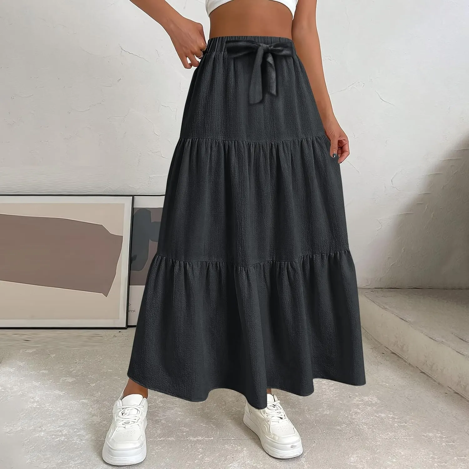 Long Skirts for Women Trendy High Waisted Tiered A Line Linen Skirt Casual Flowy Pleated Beach Maxi Skirts with Tie