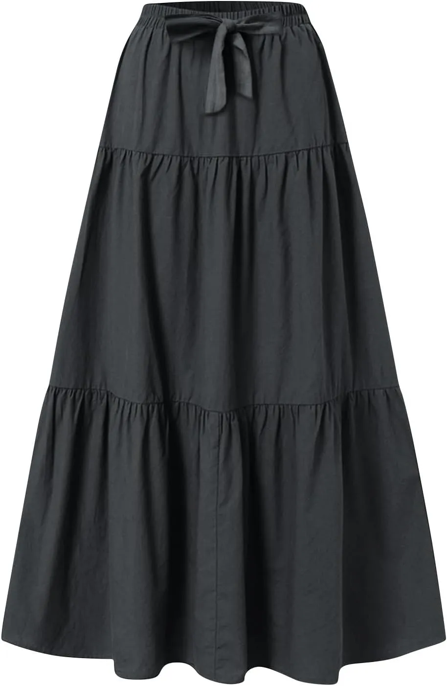 Long Skirts for Women Trendy High Waisted Tiered A Line Linen Skirt Casual Flowy Pleated Beach Maxi Skirts with Tie