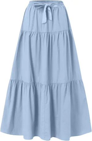Long Skirts for Women Trendy High Waisted Tiered A Line Linen Skirt Casual Flowy Pleated Beach Maxi Skirts with Tie