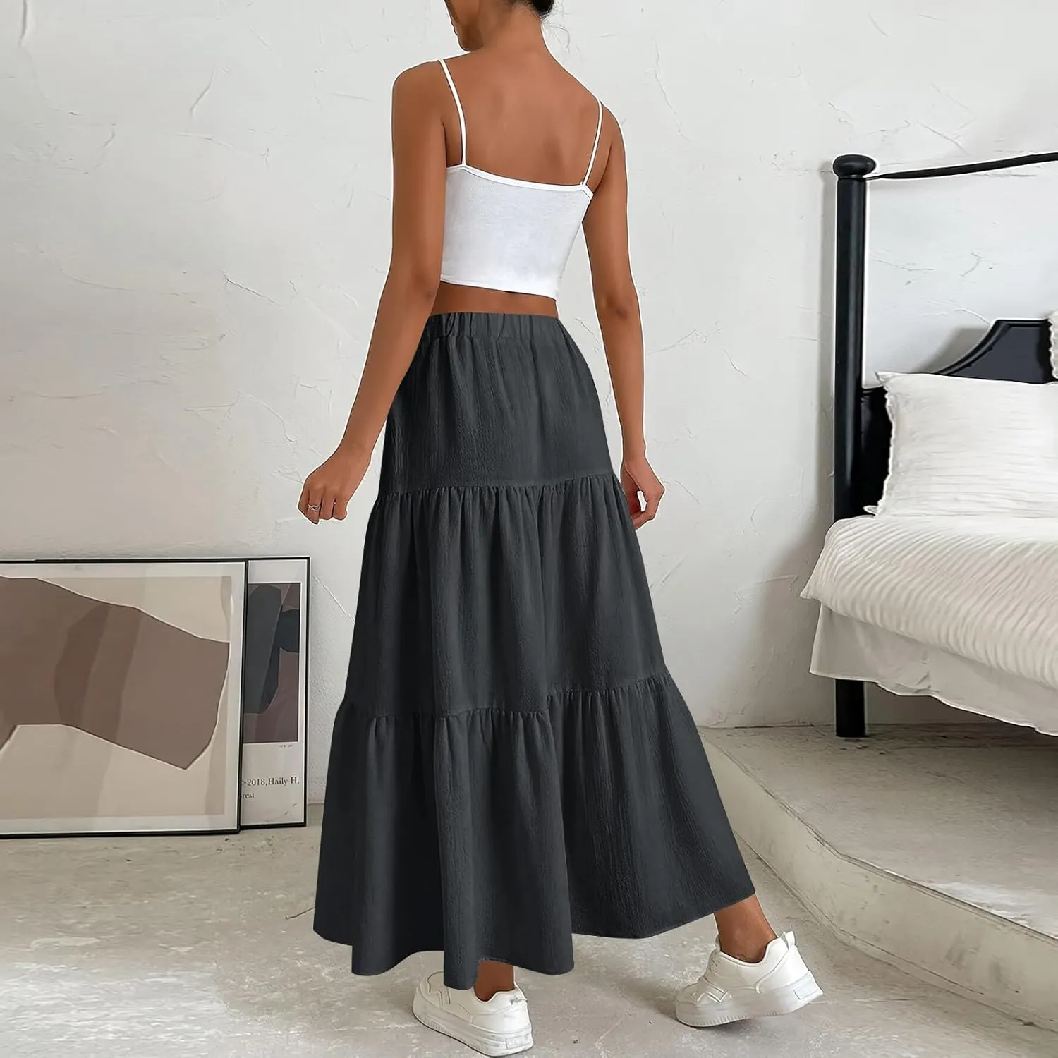 Long Skirts for Women Trendy High Waisted Tiered A Line Linen Skirt Casual Flowy Pleated Beach Maxi Skirts with Tie