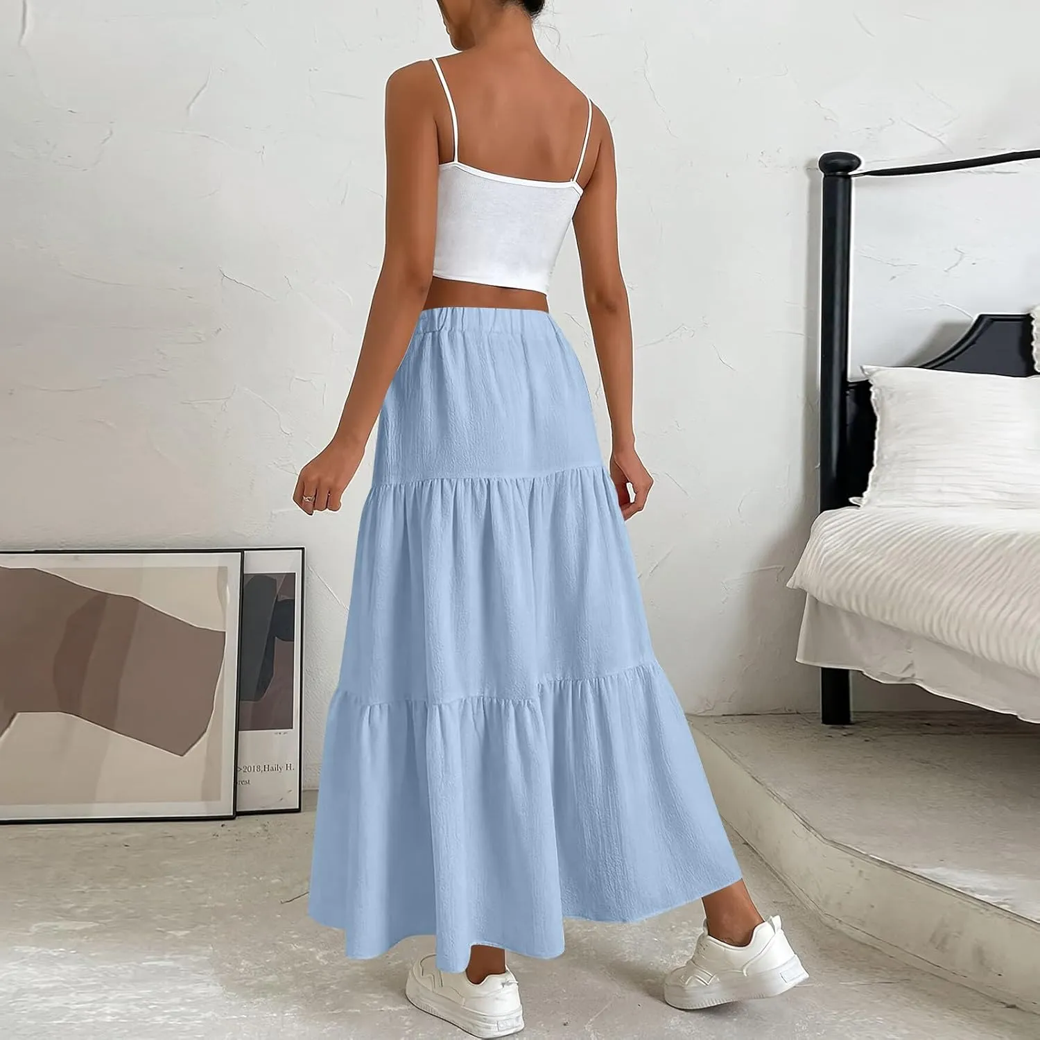 Long Skirts for Women Trendy High Waisted Tiered A Line Linen Skirt Casual Flowy Pleated Beach Maxi Skirts with Tie