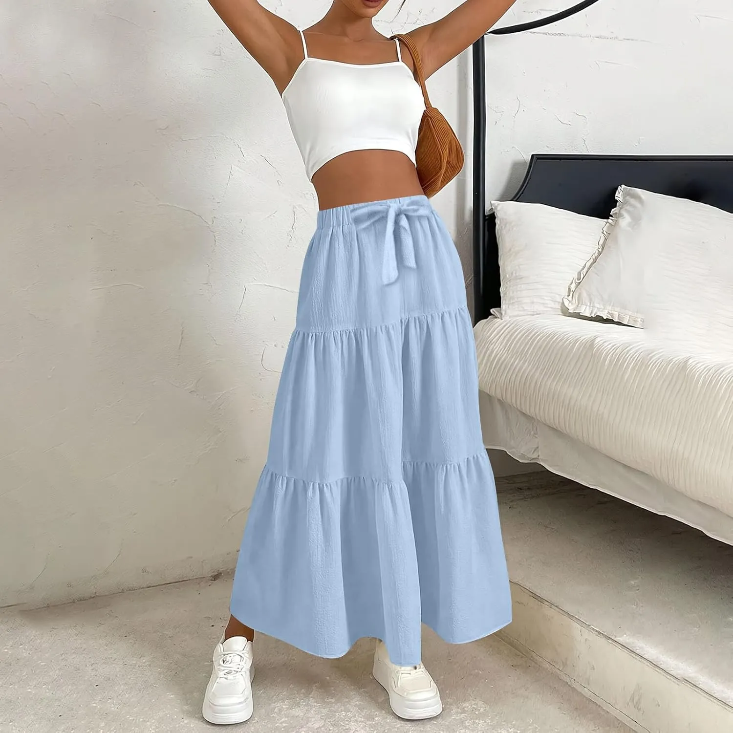 Long Skirts for Women Trendy High Waisted Tiered A Line Linen Skirt Casual Flowy Pleated Beach Maxi Skirts with Tie