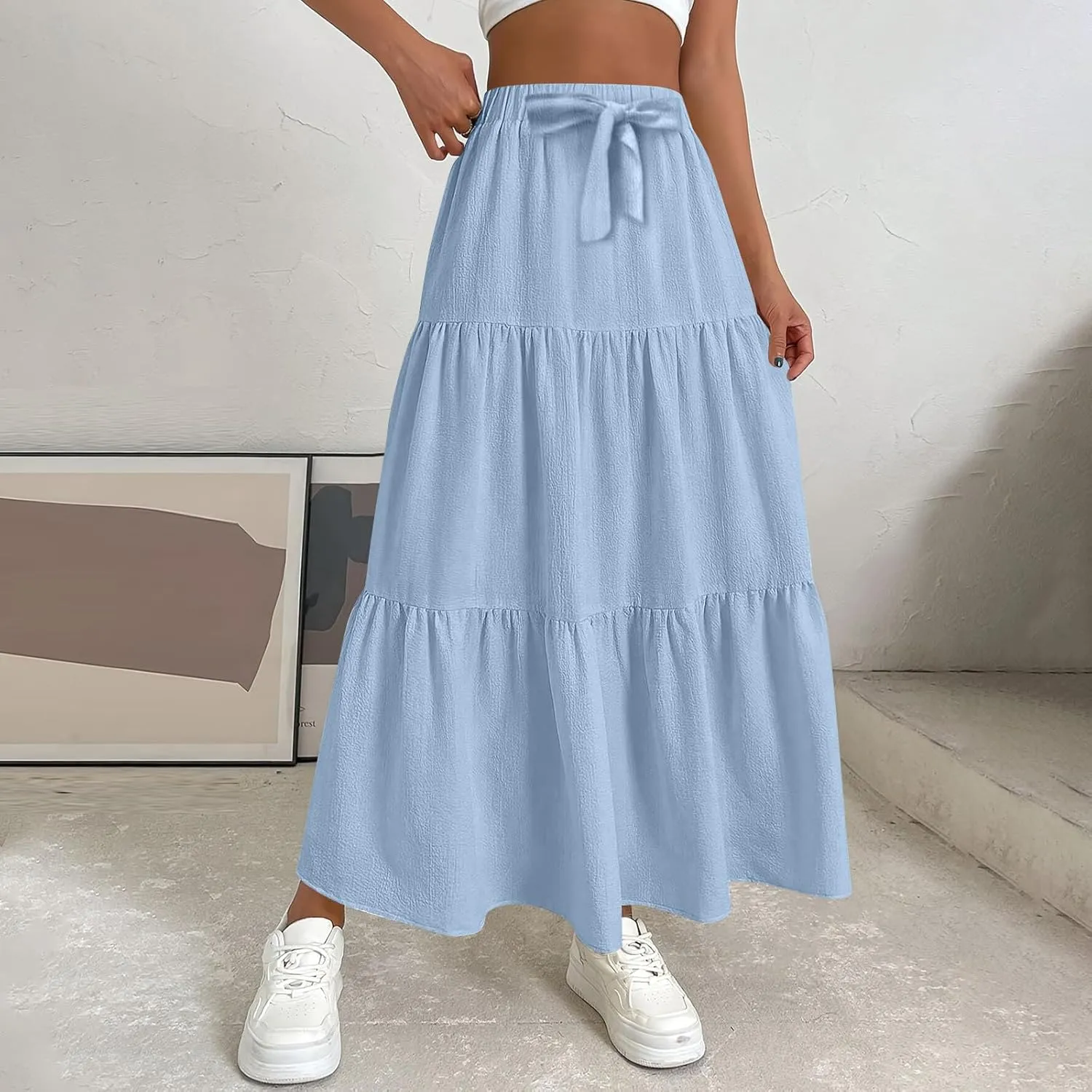 Long Skirts for Women Trendy High Waisted Tiered A Line Linen Skirt Casual Flowy Pleated Beach Maxi Skirts with Tie