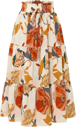 Long Skirts for Women,Elastic High Waisted Womens Boho Maxi Skirt with Pockets Linen Flowy Long Skirts 2025 Trendy
