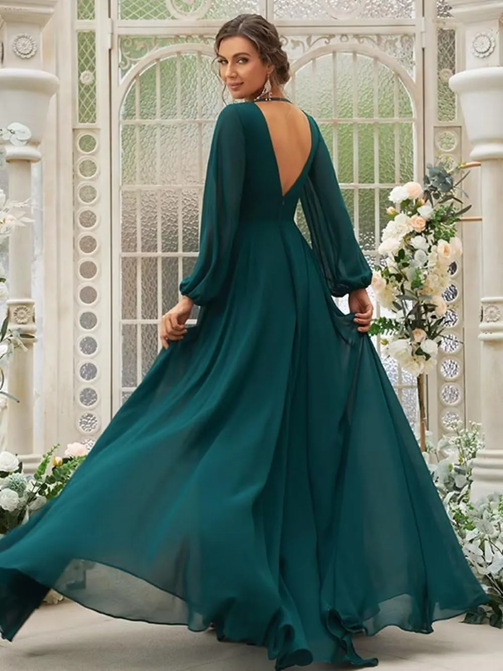 Long Sleeve Bridesmaid Dresses for Wedding V-Neck Prom Dresses Long Ball Gown Chiffon Formal Dresses