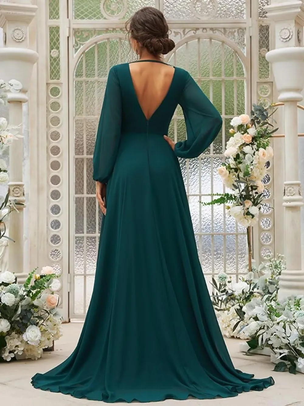 Long Sleeve Bridesmaid Dresses for Wedding V-Neck Prom Dresses Long Ball Gown Chiffon Formal Dresses