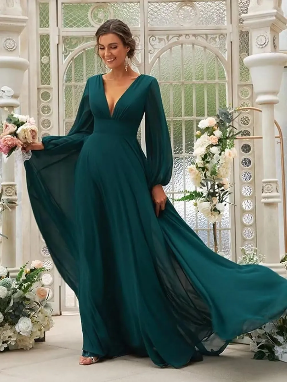 Long Sleeve Bridesmaid Dresses for Wedding V-Neck Prom Dresses Long Ball Gown Chiffon Formal Dresses