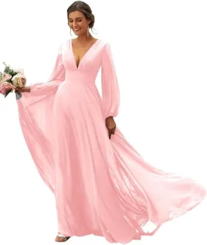 Long Sleeve Bridesmaid Dresses for Wedding V-Neck Prom Dresses Long Ball Gown Chiffon Formal Dresses