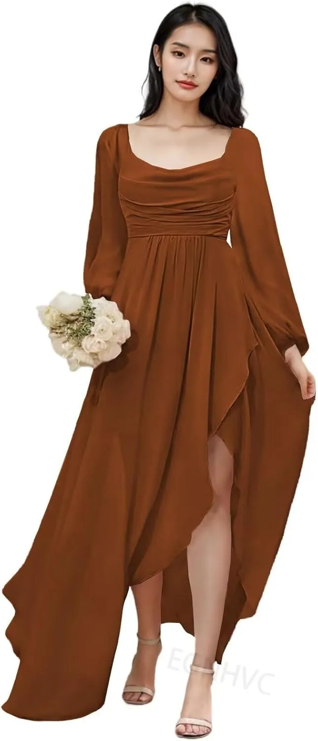 Long Sleeve Bridesmaid Dresses with Slit Chiffon Cowl Neck Formal Dress for Women Wedding Guest