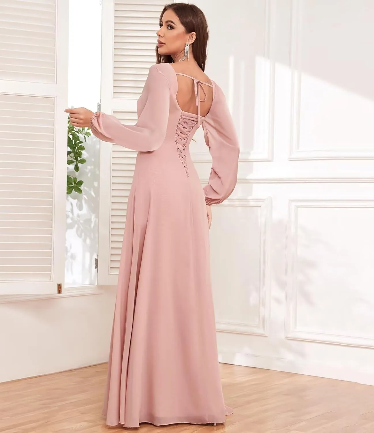 Long Sleeve Chiffon Bridesmaid Dresses for Wedding A-Line Formal Evening Gown with Slit