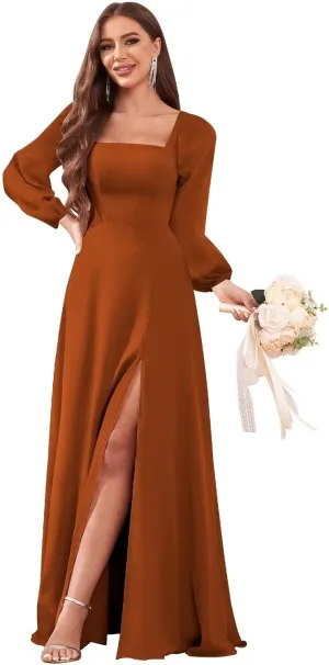 Long Sleeve Chiffon Bridesmaid Dresses for Wedding A-Line Formal Evening Gown with Slit