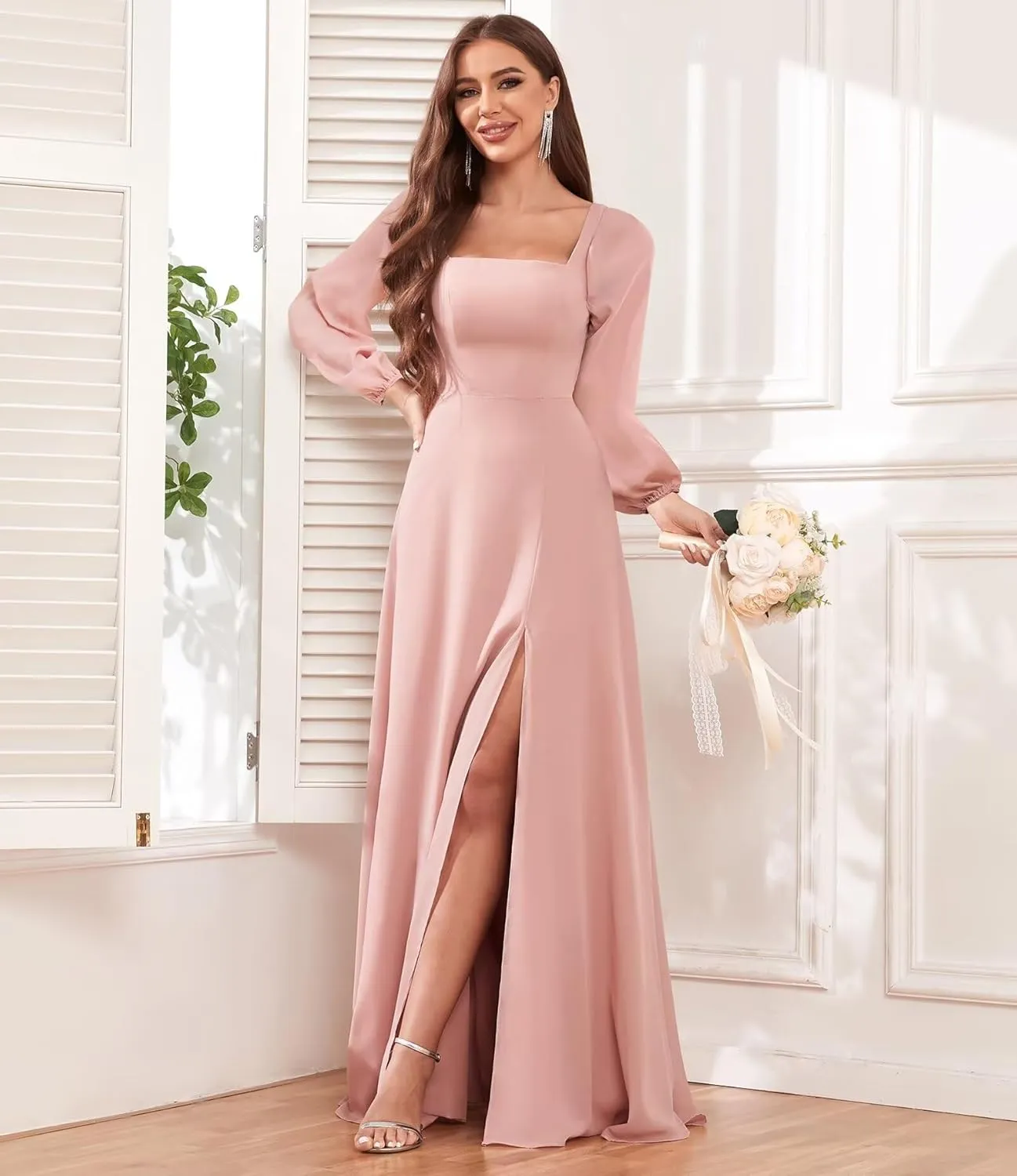 Long Sleeve Chiffon Bridesmaid Dresses for Wedding A-Line Formal Evening Gown with Slit