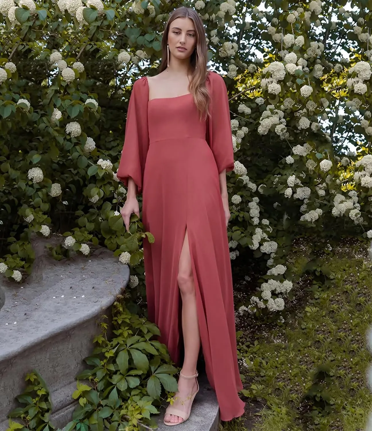Long Sleeve Chiffon Bridesmaid Dresses for Wedding A-Line Formal Evening Gown with Slit