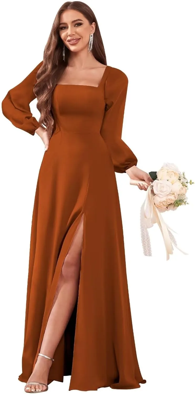 Long Sleeve Chiffon Bridesmaid Dresses for Wedding A-Line Formal Evening Gown with Slit